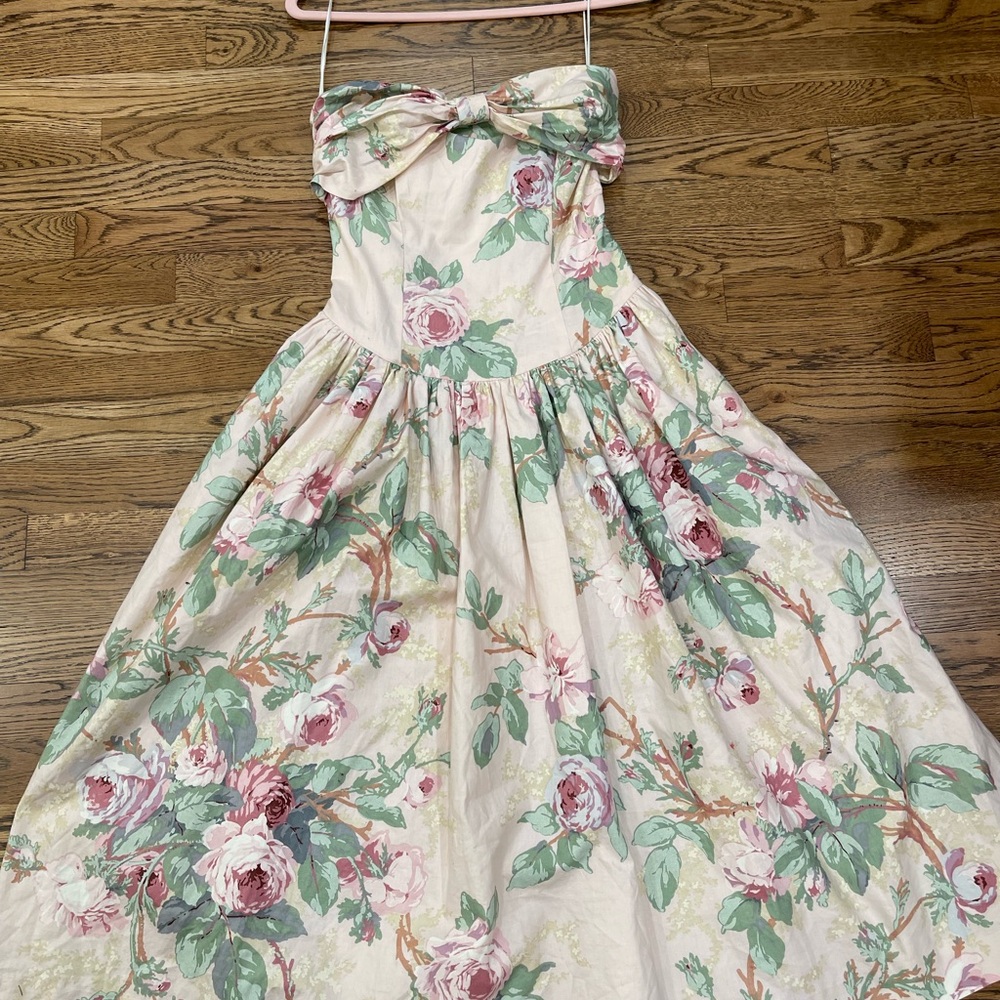 Vintage Cream and Pink Strapless Sundress with Pleated Tie Front